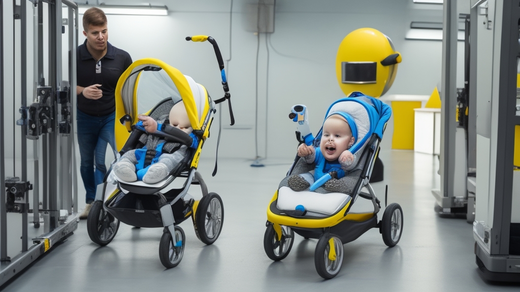 Professzionális biztonsági teszt jelenet crash test bábuval sport babakocsiban stabilitási teszt során laboratóriumi környezetben